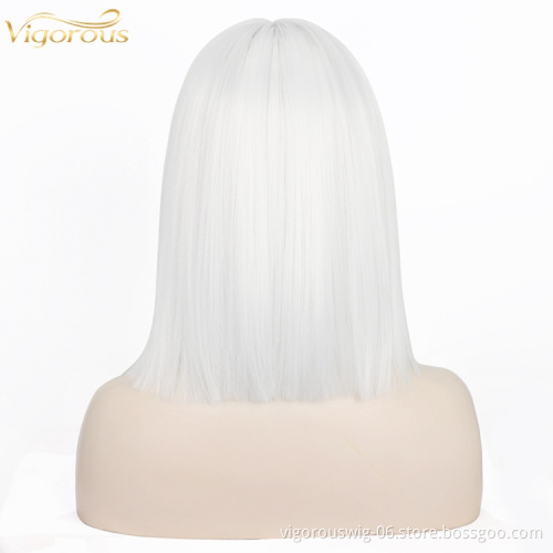 Women's Silve Color Short Bob Wig with Hair Bang Silky Synthetic None Lace Hair Wig Heat Resistant Short Straight Wave Wig